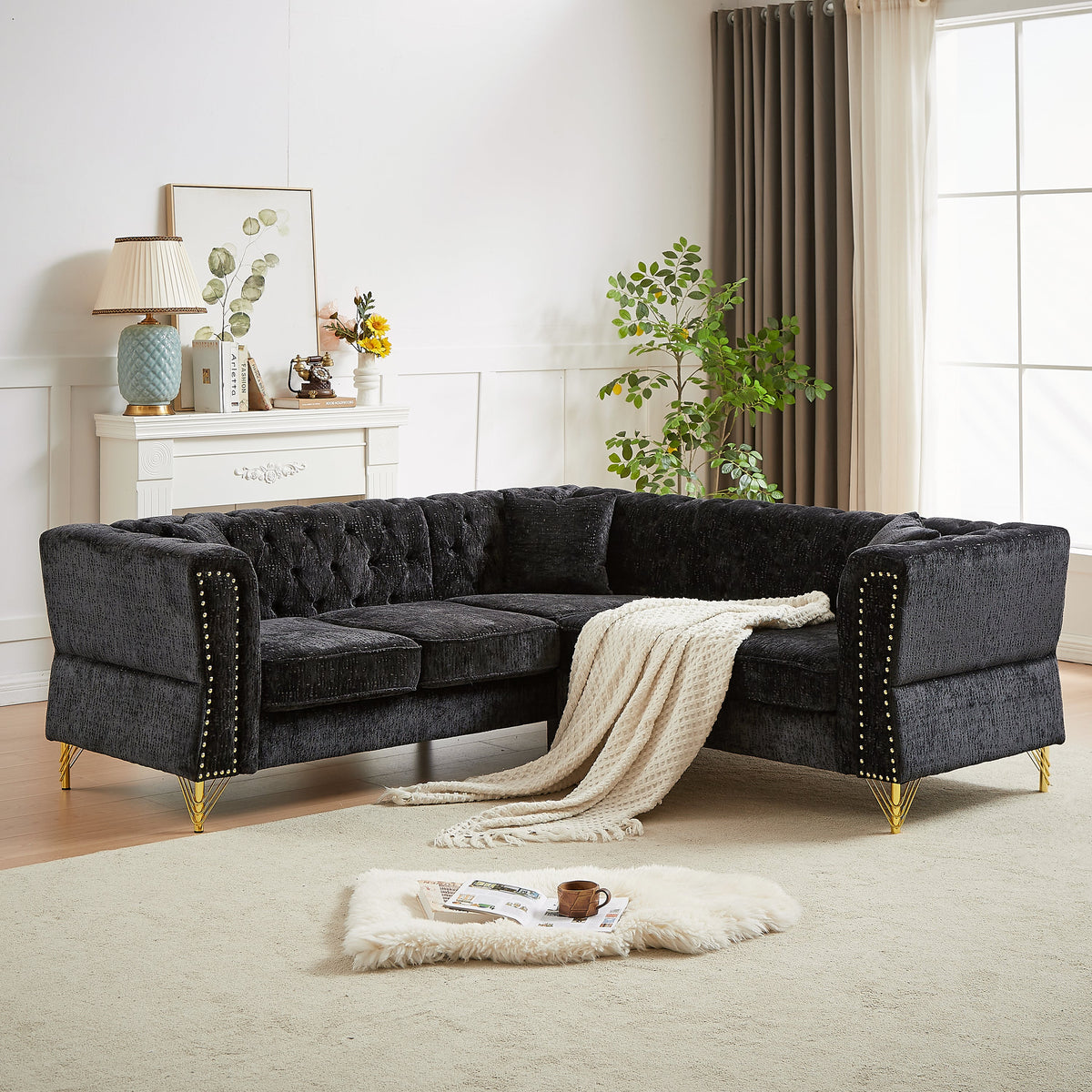 81.5-Inch Chenille Corner Sofa , L-Shaped Sectional Couch, 5-Seater