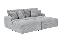 82 inches gray corduroy sofa, two storage feet +4 throw pillows,