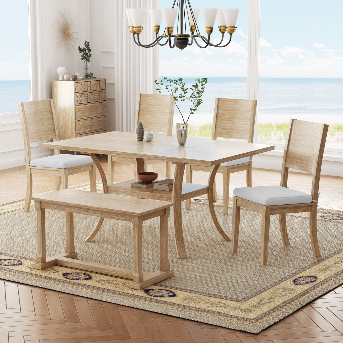 6-Piece Wood Dining Table Set with Storage Shelf and Curved Legs,