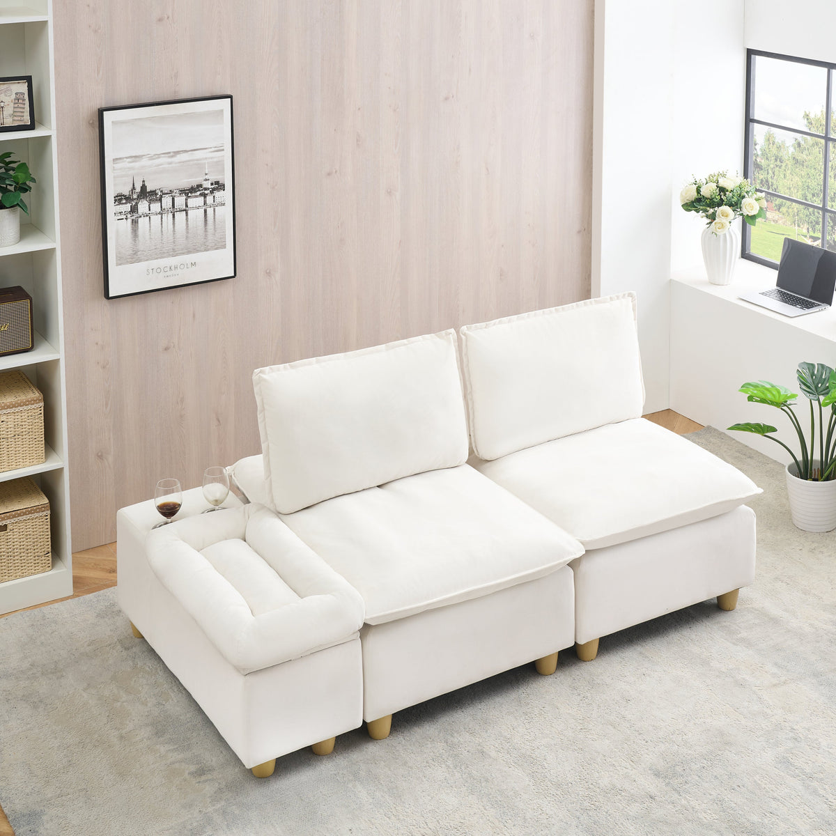 74-inch fashionable and minimalist double-seer off-white flannel sofa