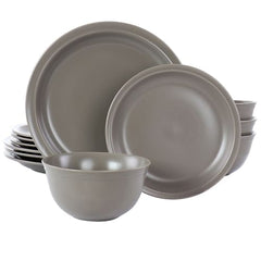 Gibson Home Siam 12 Piece Round Stoneware Dinnerware Set in Warm Grey