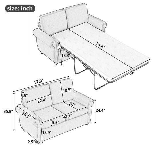 57.9" Pull Out Sofa Bed  Loveseat Sleeper with Twin Size Memory