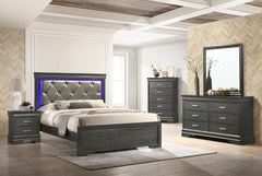 Queen 5 Pc Tufted Upholstery LED Bedroom set made with Wood（Queen Bed+ 1 Nightstand + Dresser + Mirror + Chest）