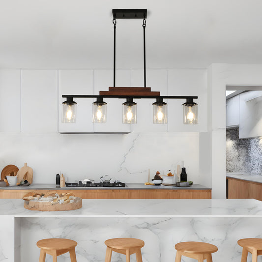 Farmhouse Industrial 5-Light Kitchen Island Pendant Light, Metal Wood