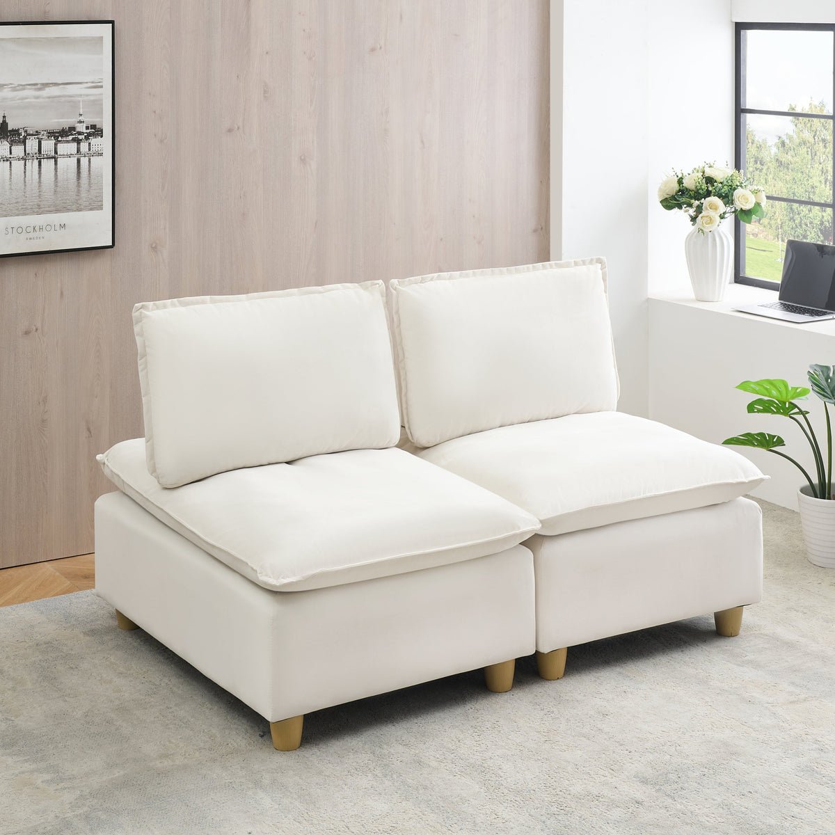 58-inch double-seat sofa in straight-row style, made of beige flannel,