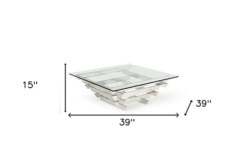 15inches Glass and Stainless Steel Square Coffee Table