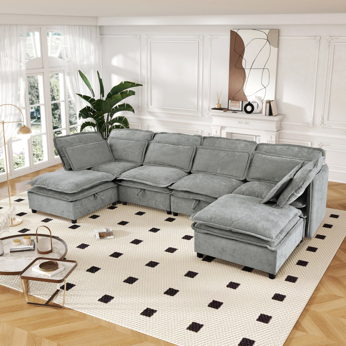 Double-Layer Cushion Modern Large U-Shaped Modular Sofa, Freely