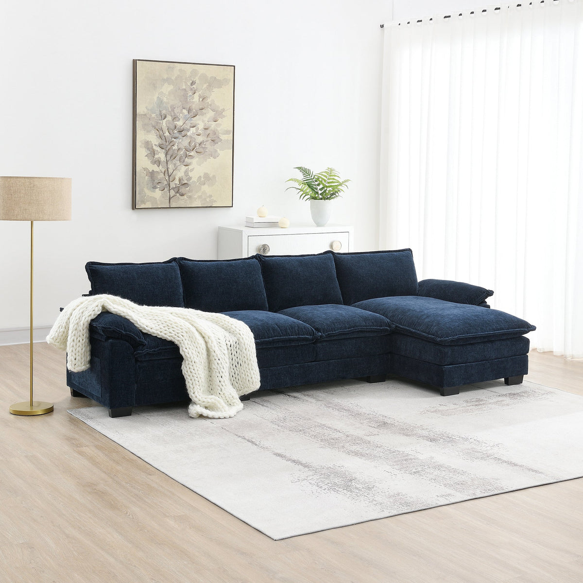 118*55" Modern L-shaped Chenille Cloud Sofa with Double Seat