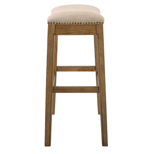 Bar Height Saddle Style Counter Stool with Cream Fabric and Nail head