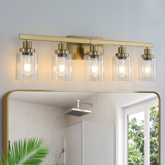 Golden 5-Light Vanity Light with Clear Glass Shades, Modern Iron Metal