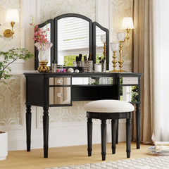 43" Dressing Table Set with Mirrored Drawers and Stool, Tri-fold