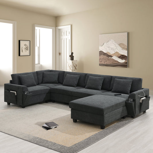 128*67" U Shaped Sectional Sofa,6 Seat Chenille Couch Set with