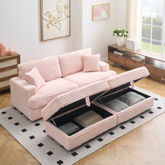 82 inches pink corduroy sofa, two storage feet +4 throw pillows,