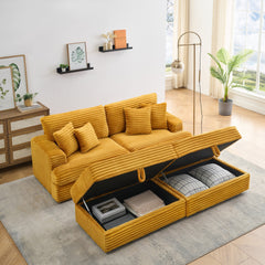 82 inches orange corduroy sofa, two storage feet +4 throw pillows,