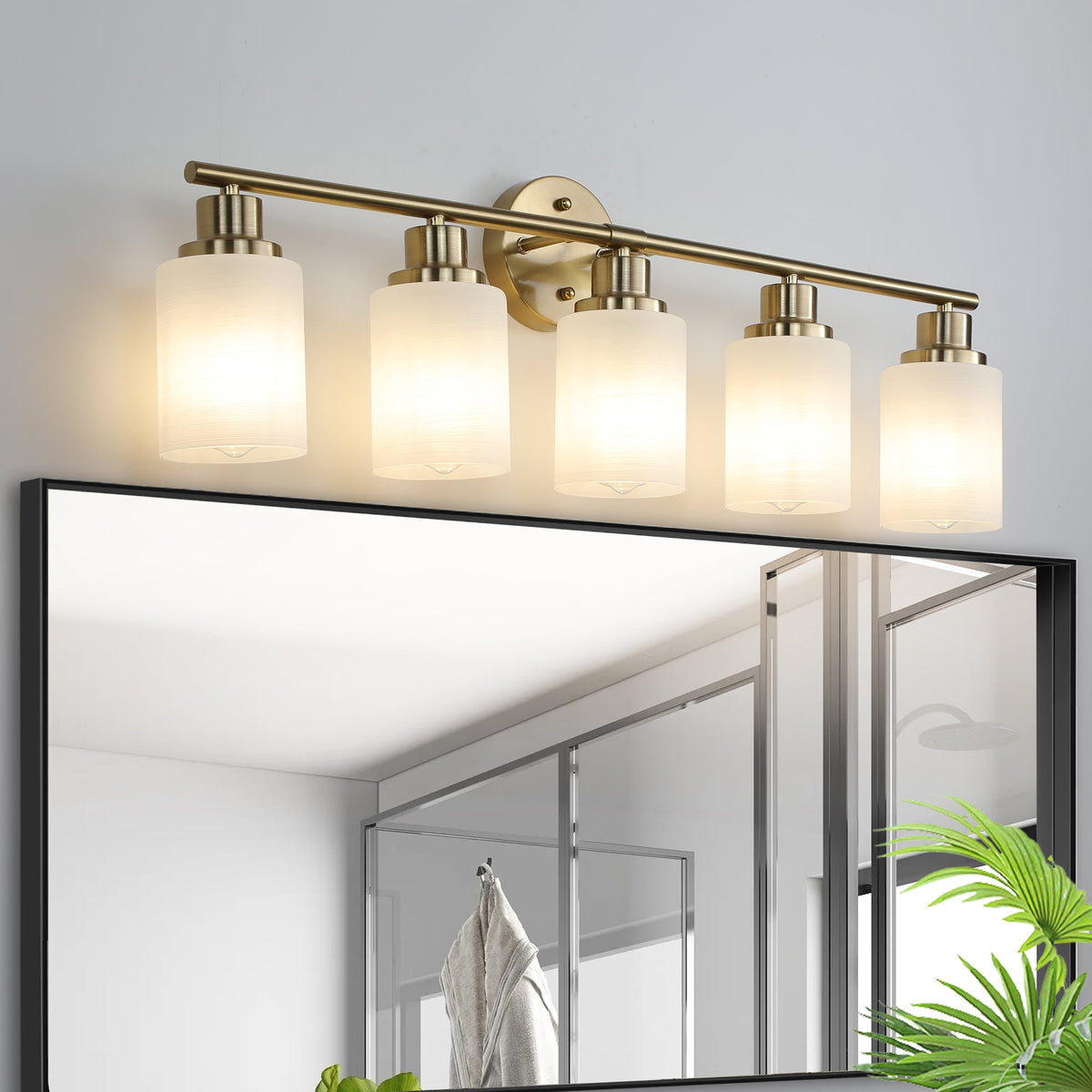 5-Light Golden Bathroom Vanity Light Fixture, Frosted Glass Shades,