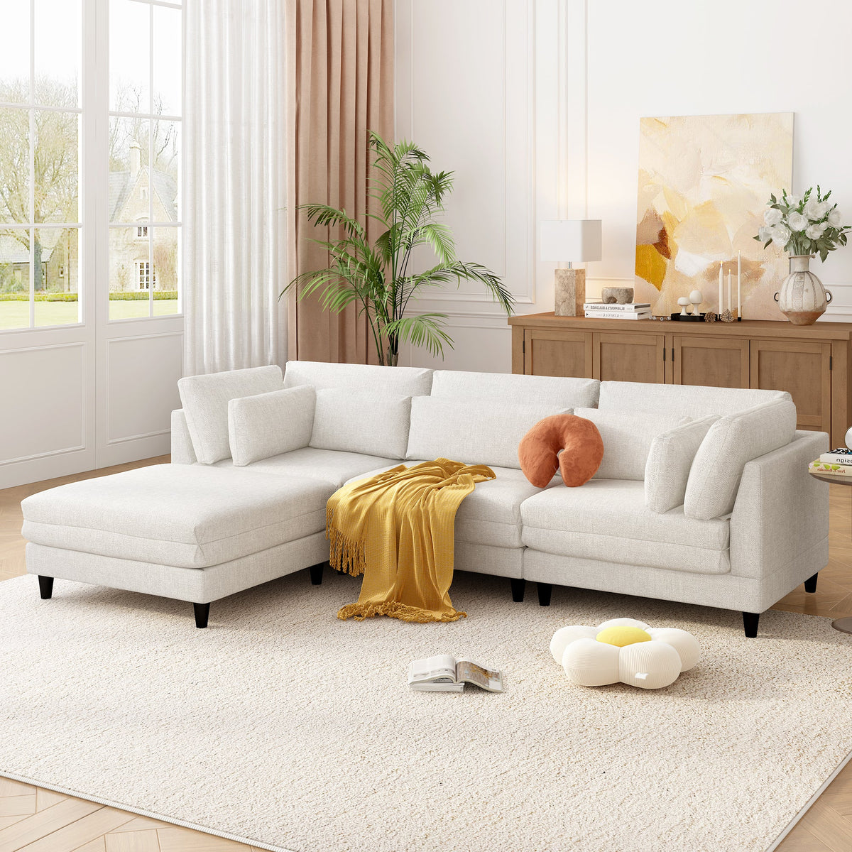 Modern Modular Sectional Sofa with Movable Ottoman, 110 Inch 4 Seat