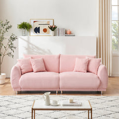 The 86.6 inch teddy fleece pink sofa with four throw pillows and