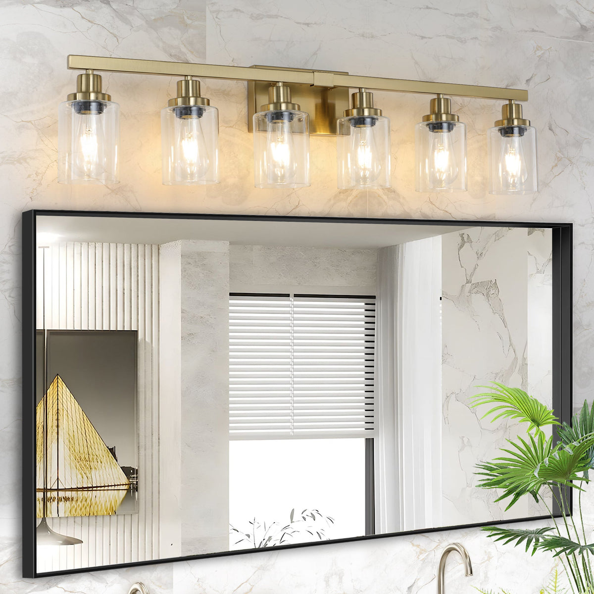 Golden 6-Light Vanity Light with Clear Glass Shades, Modern Iron Metal