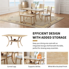 6-Piece Wood Dining Table Set with Storage Shelf and Curved Legs,