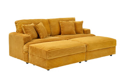 82 inches orange corduroy sofa, two storage feet +4 throw pillows,