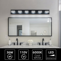 LED Modern Black Vanity Lights, 6-Lights Acrylic Matte Black Bathroom