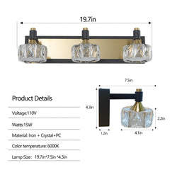 LED 3-Light Modern Crystal Bathroom Vanity Light Over Mirror Bath Wall