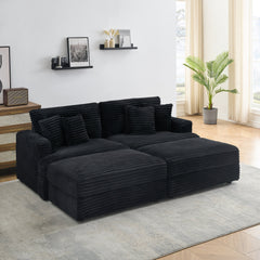 82 inches black corduroy sofa, two storage feet +4 throw pillows,