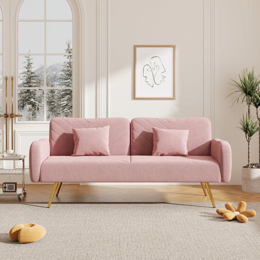 70.47" Pink Fabric Double Sofa with Split Backrest and Two Throw