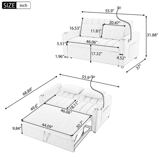 55.9" Convertible Sofa Bed Loveseat Sofa with Three USB Ports, Two