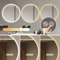 32'' LED Round Wall-Mounted Mirror, Anti-Fog, 3 Color Temperature