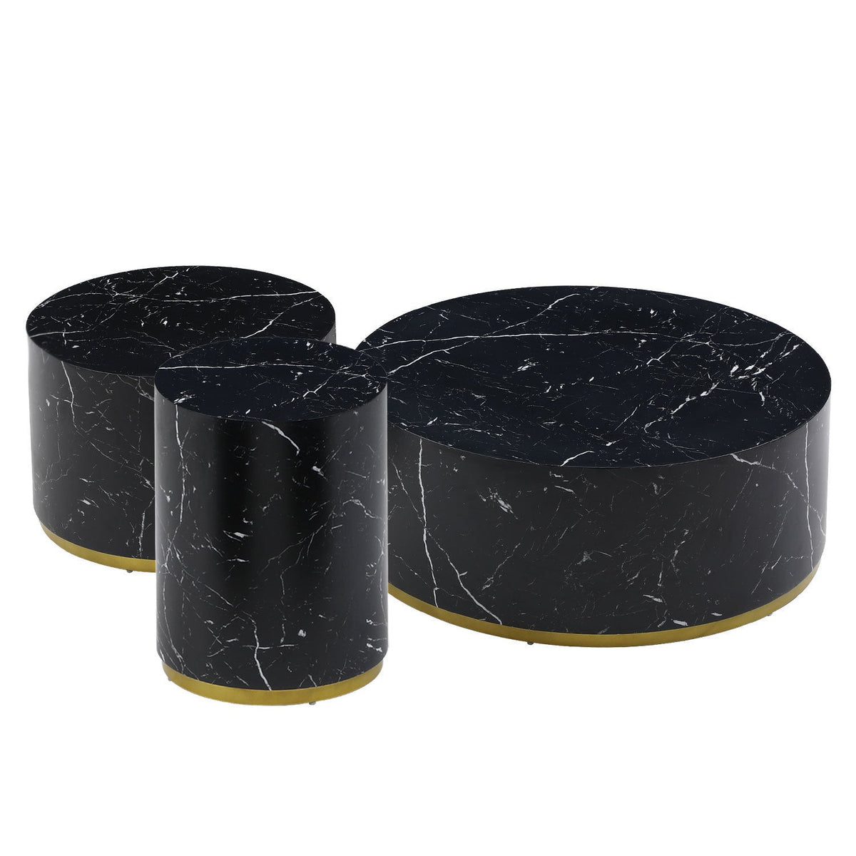 Set of 3 Black Marble Pattern  Round Coffee Table side Table End Table