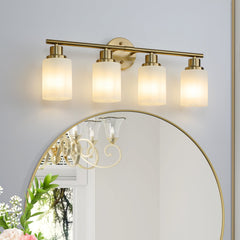 4-Light Golden Bathroom Vanity Light Fixture, Frosted Glass Shades,