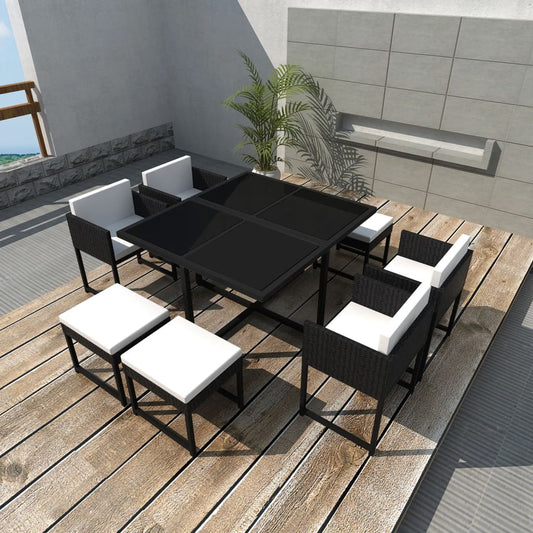 9 Piece Outdoor Dining Set with Cushions Poly Rattan Black