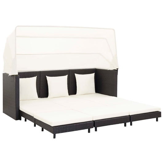 Extendable 3-Seater Sofa Bed with Roof Poly Rattan Black