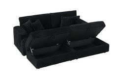 82 inches black corduroy sofa, two storage feet +4 throw pillows,