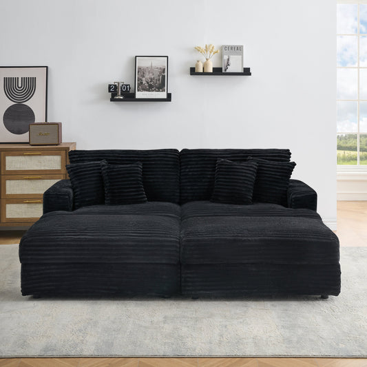 82 inches black corduroy sofa, two storage feet +4 throw pillows,