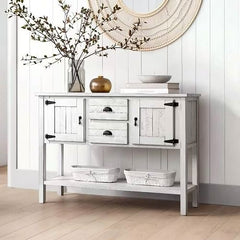 Farmhouse Solid Wood Sofa Table with Storage Drawers in Rustic White