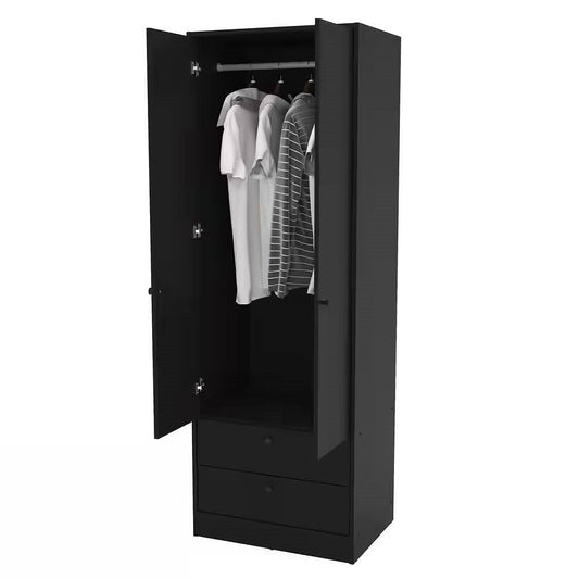 Black 2-Door Bedroom Armoire Wardrobe Cabinet with Hanging Rod and