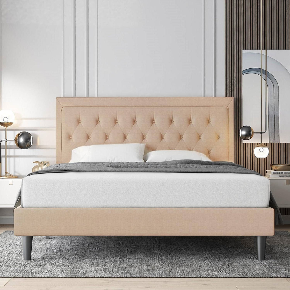 Full size Beige Linen Platform Bed Frame with Button Tufted Headboard