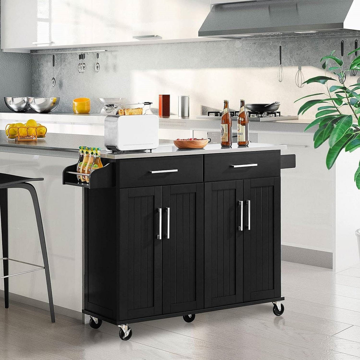 Black Kitchen Island Cart with Stainless Steel Top 2 Drawers and