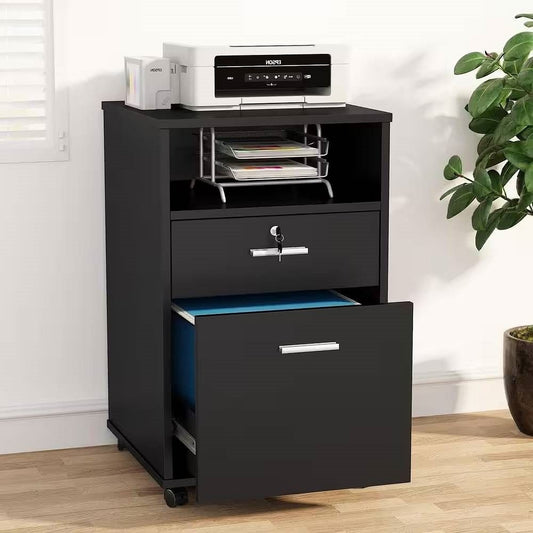 Black Rolling 2-Drawer Mobile File Cabinet Printer Stand Office Cart