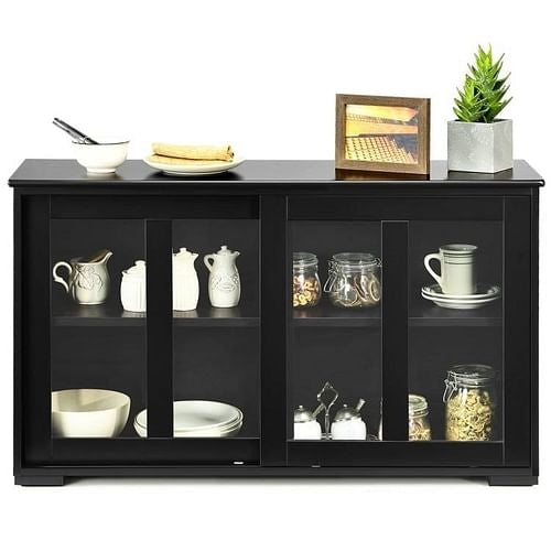 Black Wood Buffet Kitchen Dining Sideboard Storage Cabinet w/ Glass