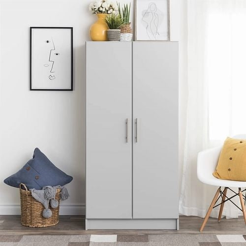 Bedroom Armoire Wardrobe Cabinet with Hanging Rail in Light Grey Wood