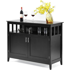 Black Wood 2-Door Dining Buffet Sideboard Cabinet with Open Storage