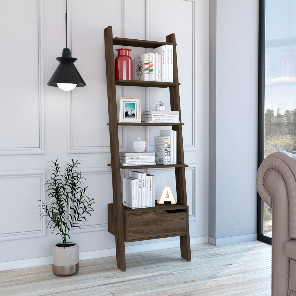 Ladder Bookcase Bull, One Drawer, Five Open Shelves, Dark Walnut