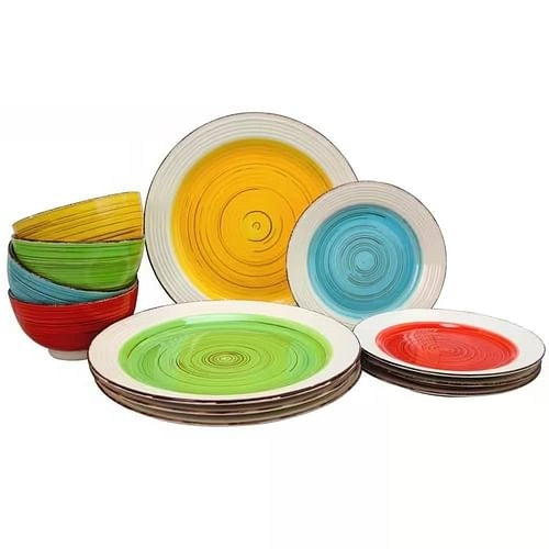 12-Piece Ceramic Dinnerware Set in Blue Red Yellow Green Beige -