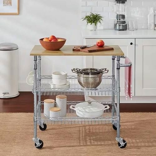 Kitchen Island Cart with Wood Top and 2 Bottom Storage Shelves on