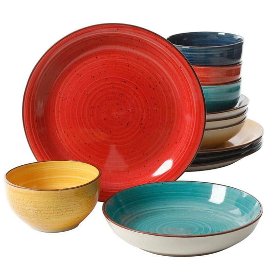 12-Piece Stoneware Dinnerware Set in Red Blue Green Yellow - Service