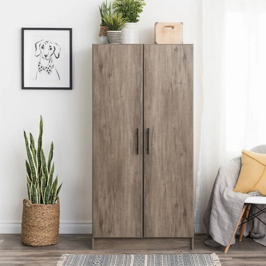 Bedroom Armoire Wardrobe Cabinet with Hanging Rail in Grey Brown Wood