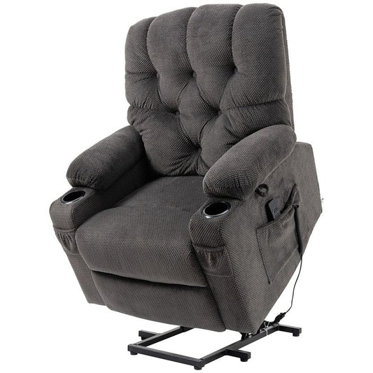 Dark Grey Upholstered Power Lift Chair Recliner with USB Ports, Cup